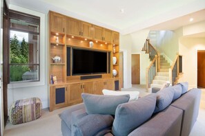 Télévision, cheminée, chaîne hi-fi