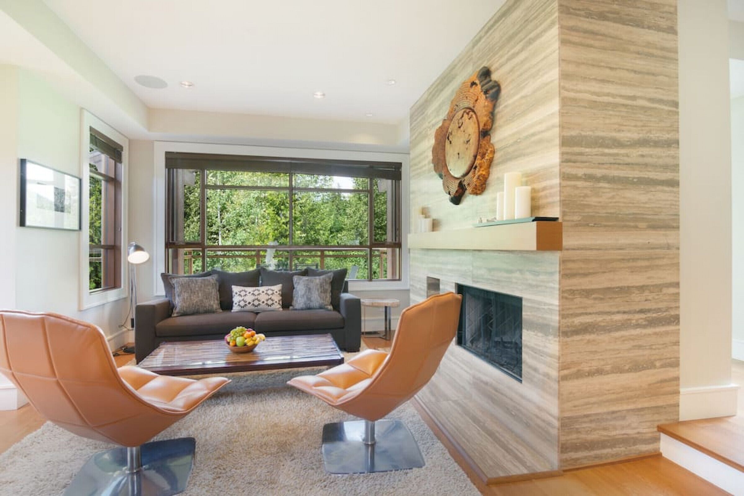 Télévision, cheminée, chaîne hi-fi