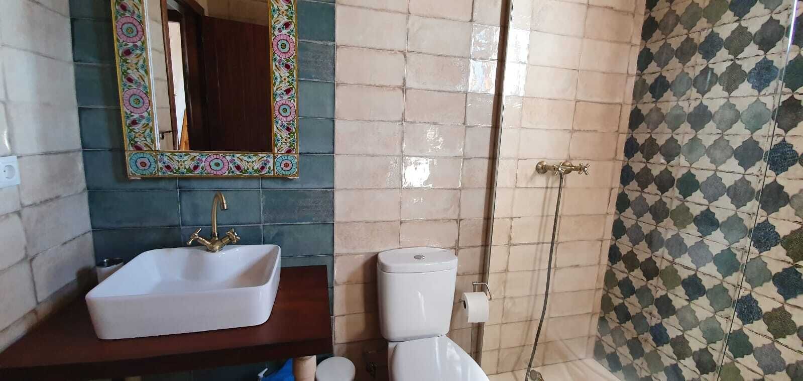 A bathroom with a white sink, a toilet, and a shower area.