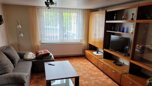A living room with a sofa, a coffee table, a TV on a wooden cabinet, and a radiator.