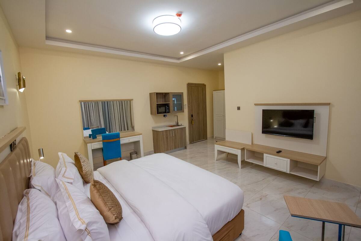 Habitación de hotel con cama, escritorio, televisión, armario y baño.