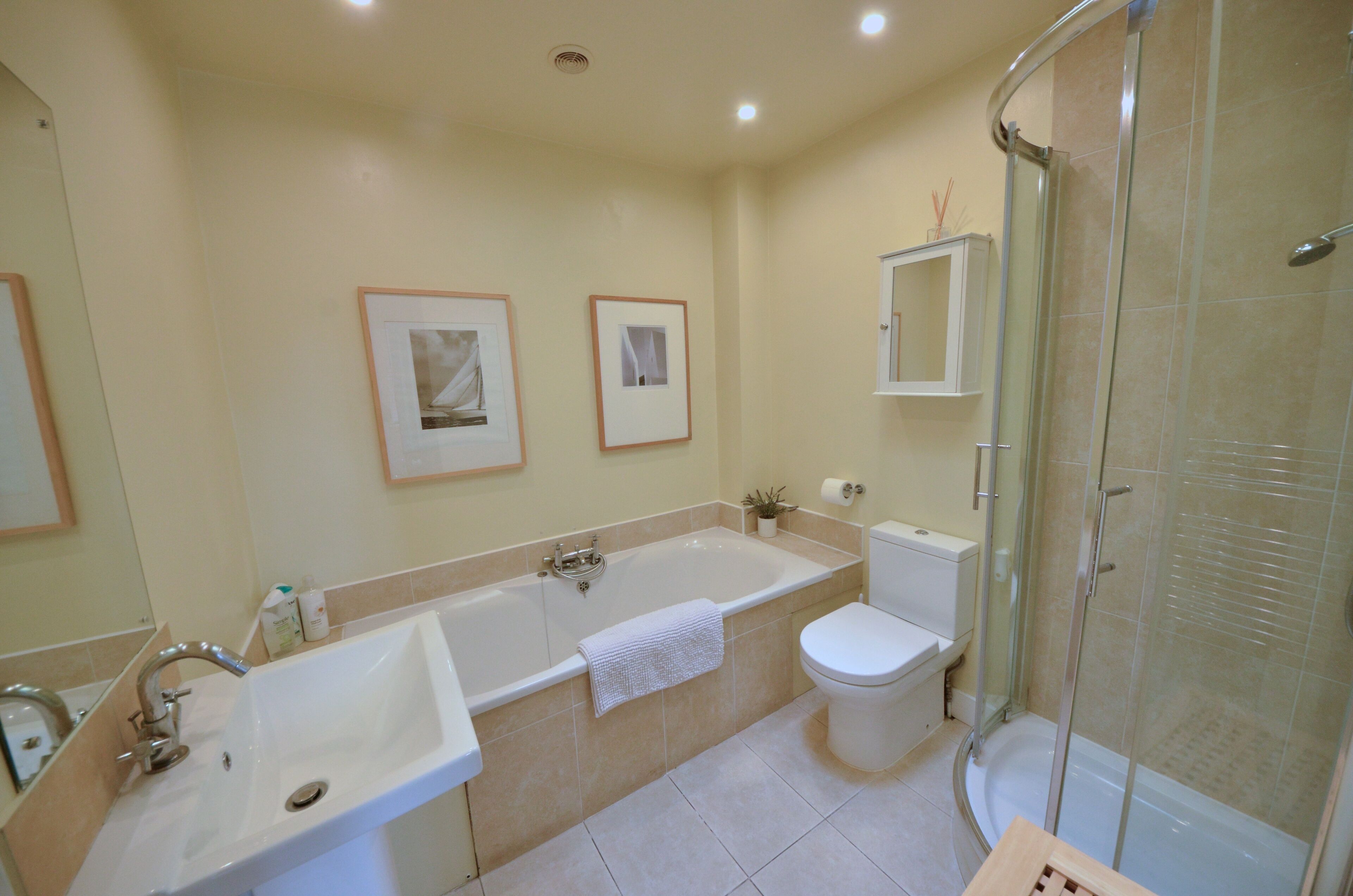 Bathtub, hair dryer, towels, soap