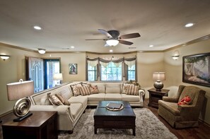 Smart TV, fireplace, books