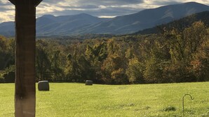 Une vue d’un champ herbeux avec des bottes de foin et une chaîne de montagnes en arrière-plan.