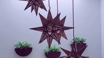 Una habitación con una lámpara colgante en forma de estrella y plantas en macetas en la pared.