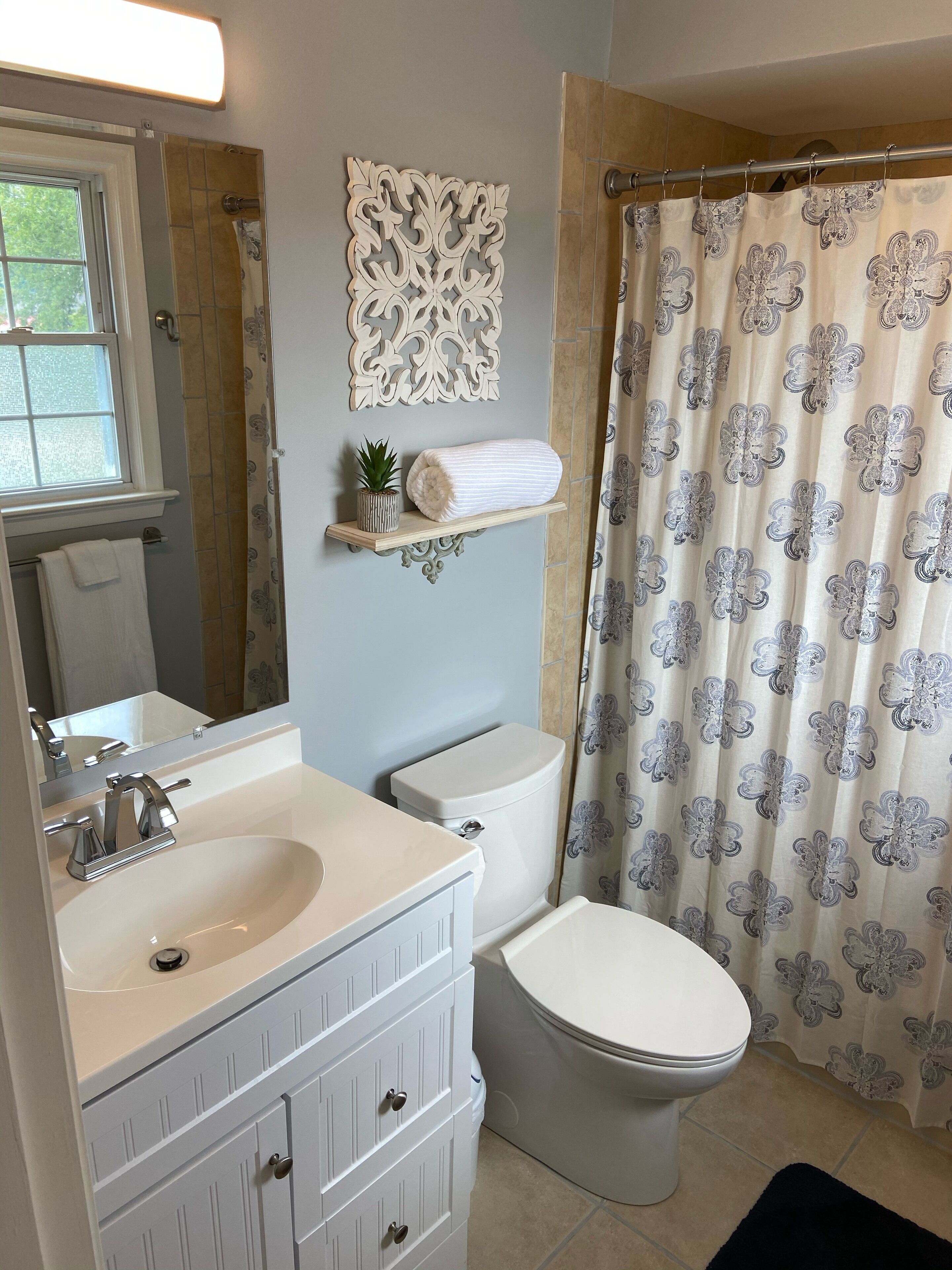 Combined shower/tub, towels, soap, toilet paper