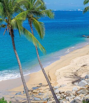 A beach with clear blue water, sandy shore, and palm trees. - Amazing apartment with pool view (Puerto Vallarta)
