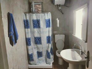 Bathroom features a shower, toilet, and sink with a window above.