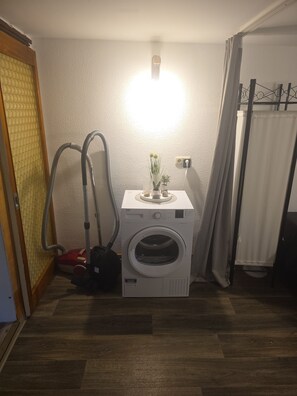 Un espace dédié à la lessive, comprenant un lave-linge, un aspirateur et une petite plante posée sur une étagère.