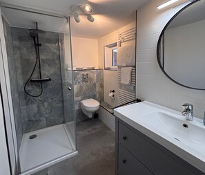 Dusche, Haartrockner, Handtücher, Seife