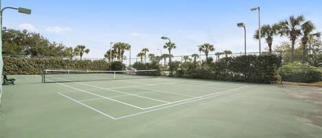 Cancha de tenis con red, rodeada de palmeras y una valla.