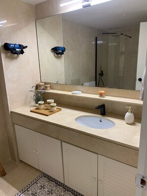 Shower, hair dryer, bidet, towels