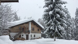 A wooden cabin with a staircase leading to a balcony, surrounded by snow-covered trees. - Waldhaus Neuleutasch, plenty of space to be outside, far away from the hustle and bustle (Leutasch)