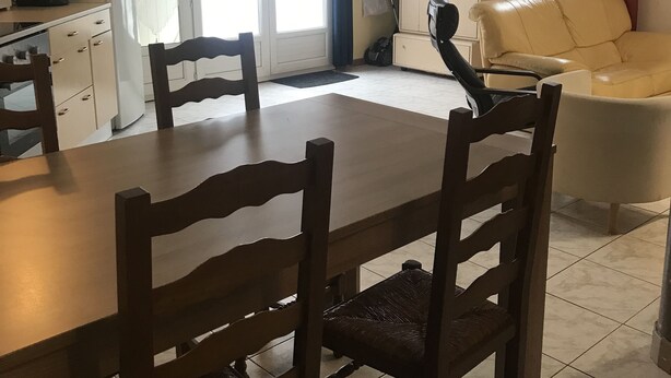 Ein Essbereich mit Holztisch und -stühlen, eine Küche mit Kühlschrank und ein Wohnbereich mit einer Couch.