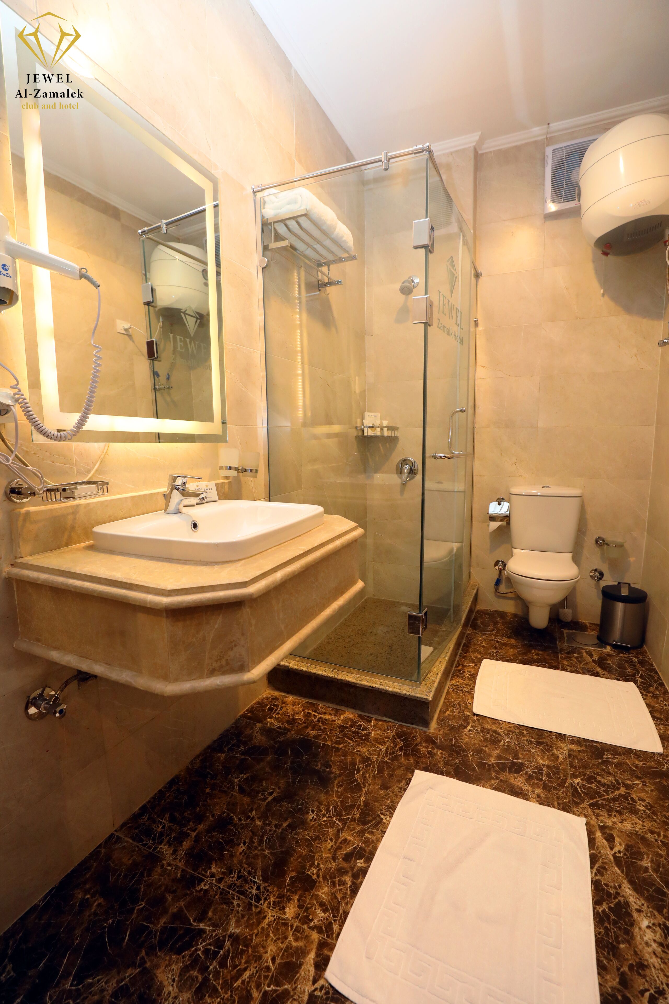 A modern bathroom with a glass-enclosed shower, a sink with a mirror, and a toilet.