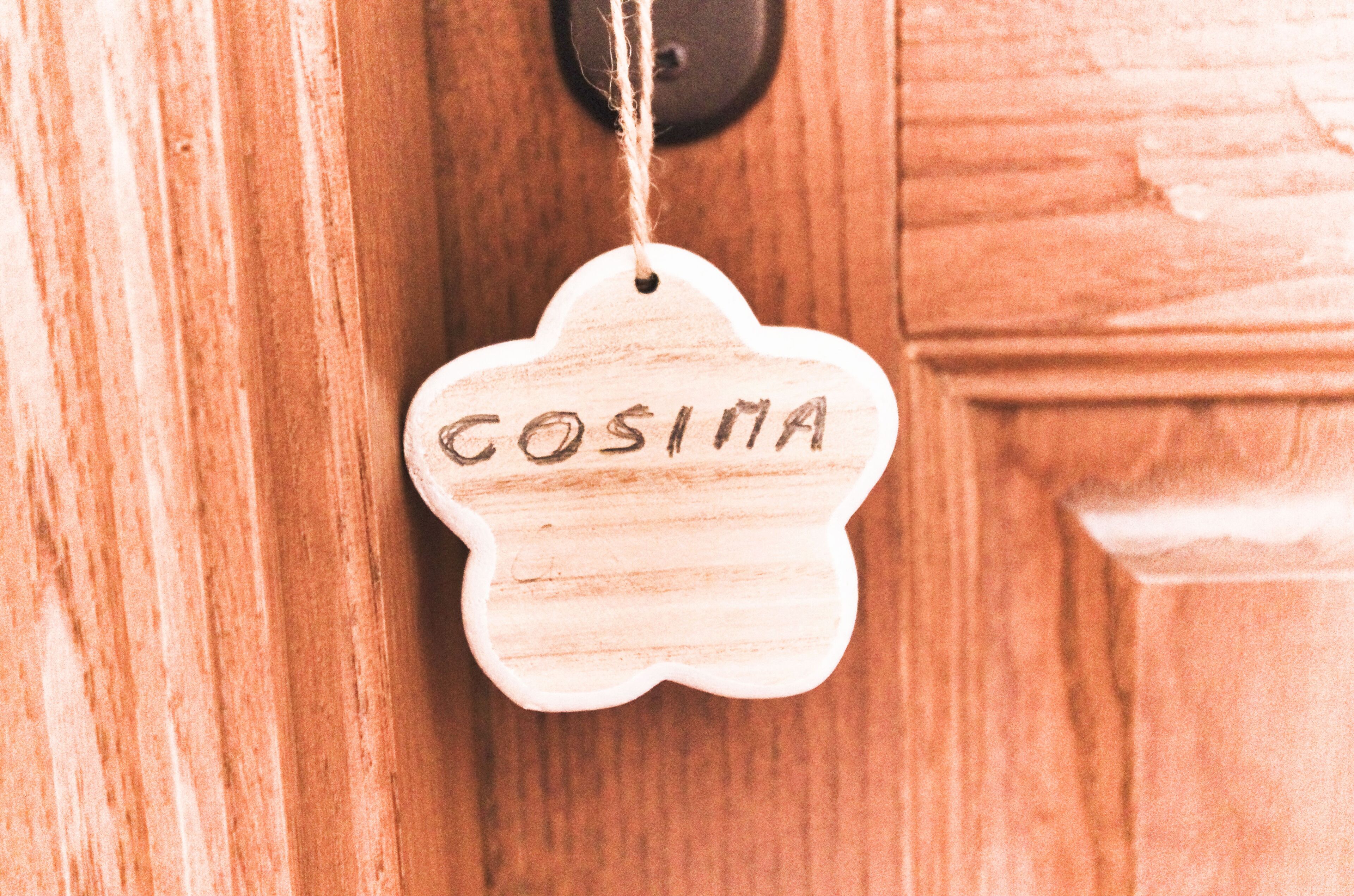 Una puerta de madera con una etiqueta de madera tallada colgando.
