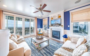 Smart TV, fireplace, DVD player, books