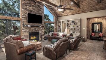 TV connectée, cheminée, livres