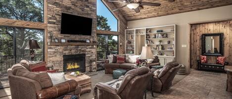 Smart TV, fireplace, books