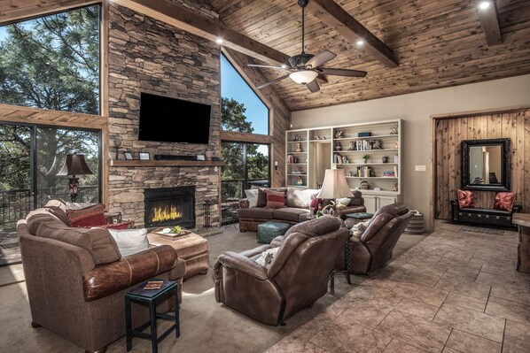 Smart TV, fireplace, books