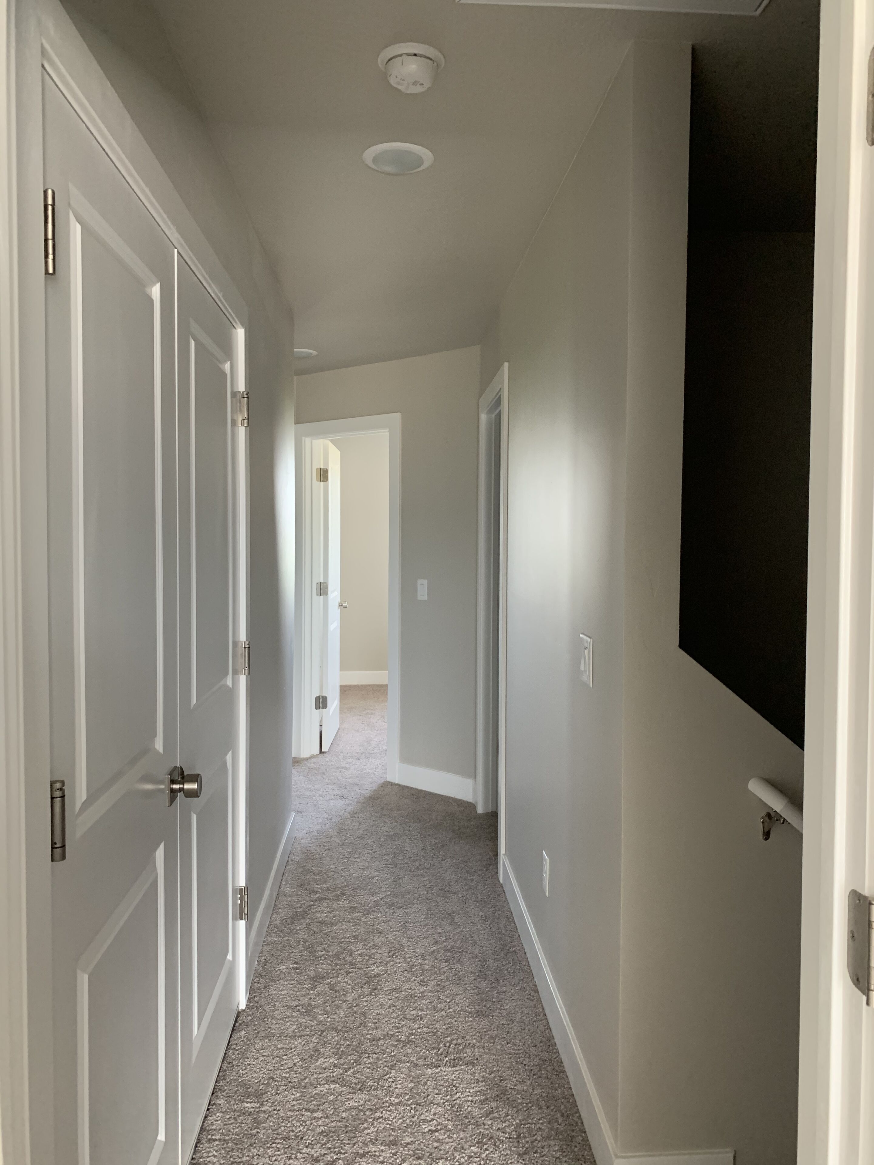 Un pasillo estrecho con puertas blancas y piso alfombrado, que conduce a una habitación con una pared oscura y un interruptor de luz.