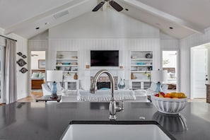 TV, fireplace, books, stereo