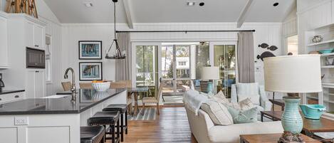 TV, fireplace, books, stereo