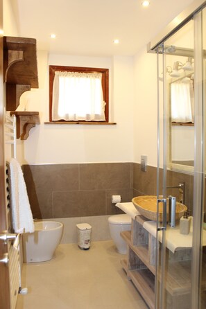 Shower, hair dryer, bidet, towels