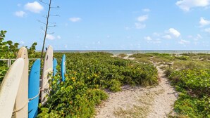 A sandy path leading to the beach with surfboards leaning against a fence.