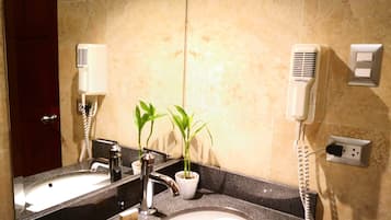 Un baño con dos lavamanos, un espejo, un secador de pelo y una planta en maceta.