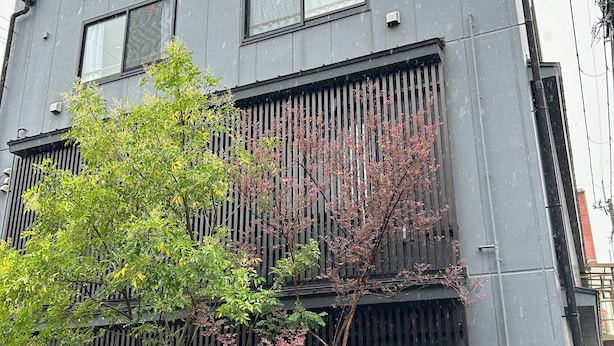 A modern building with a flat roof, two windows, and a black metal fence. - someone, kyoto (Kyoto)