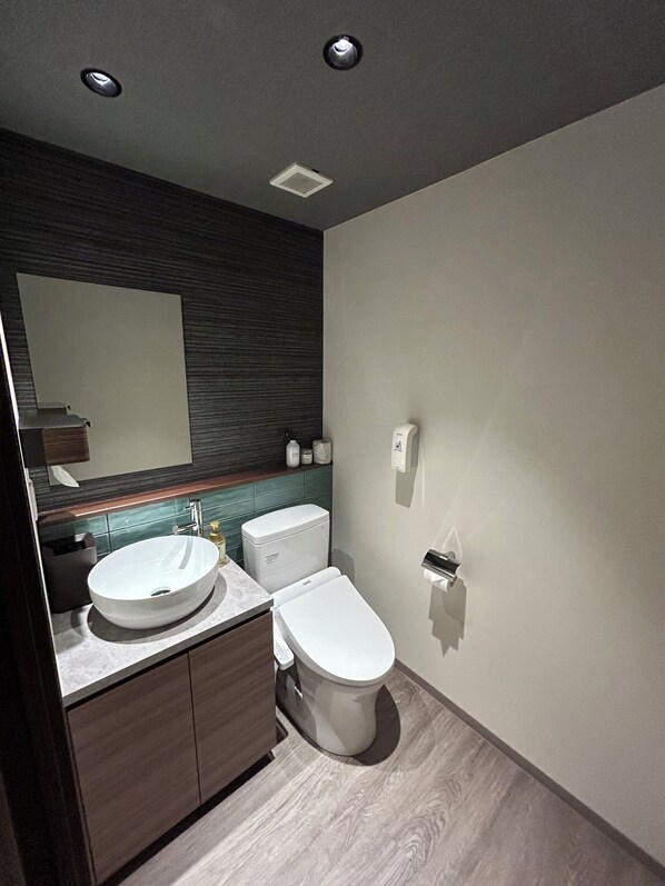 A modern bathroom with a large mirror, a sink, a toilet, and a shower area. - someone, kyoto (Kyoto)
