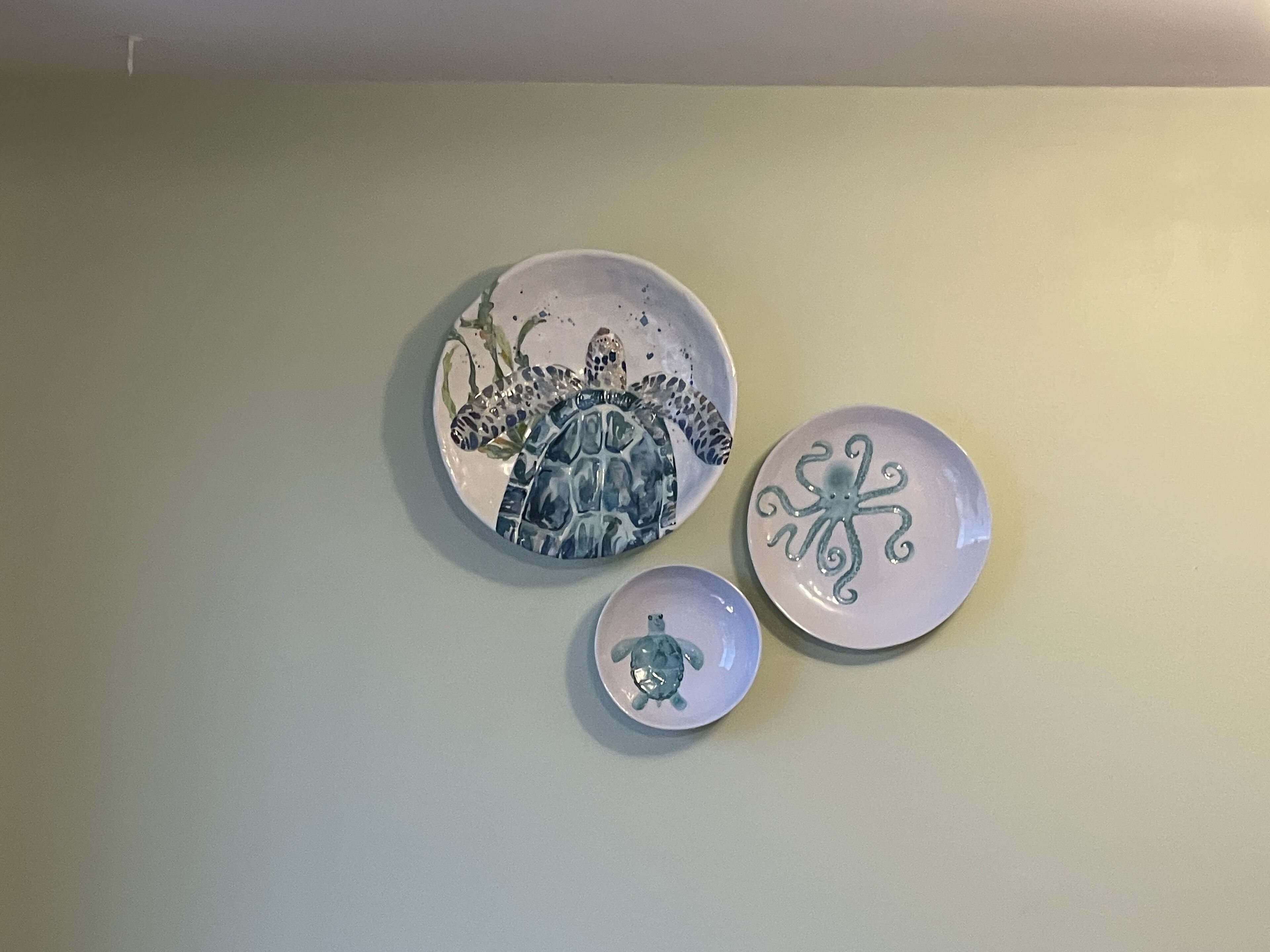 Trois assiettes en céramique ornées de motifs de tortues de mer, accrochées à un mur uni.