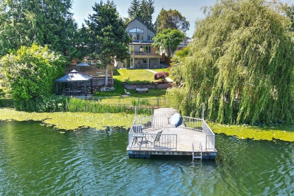A house with a dock extending into a lake, surrounded by lush greenery and trees.