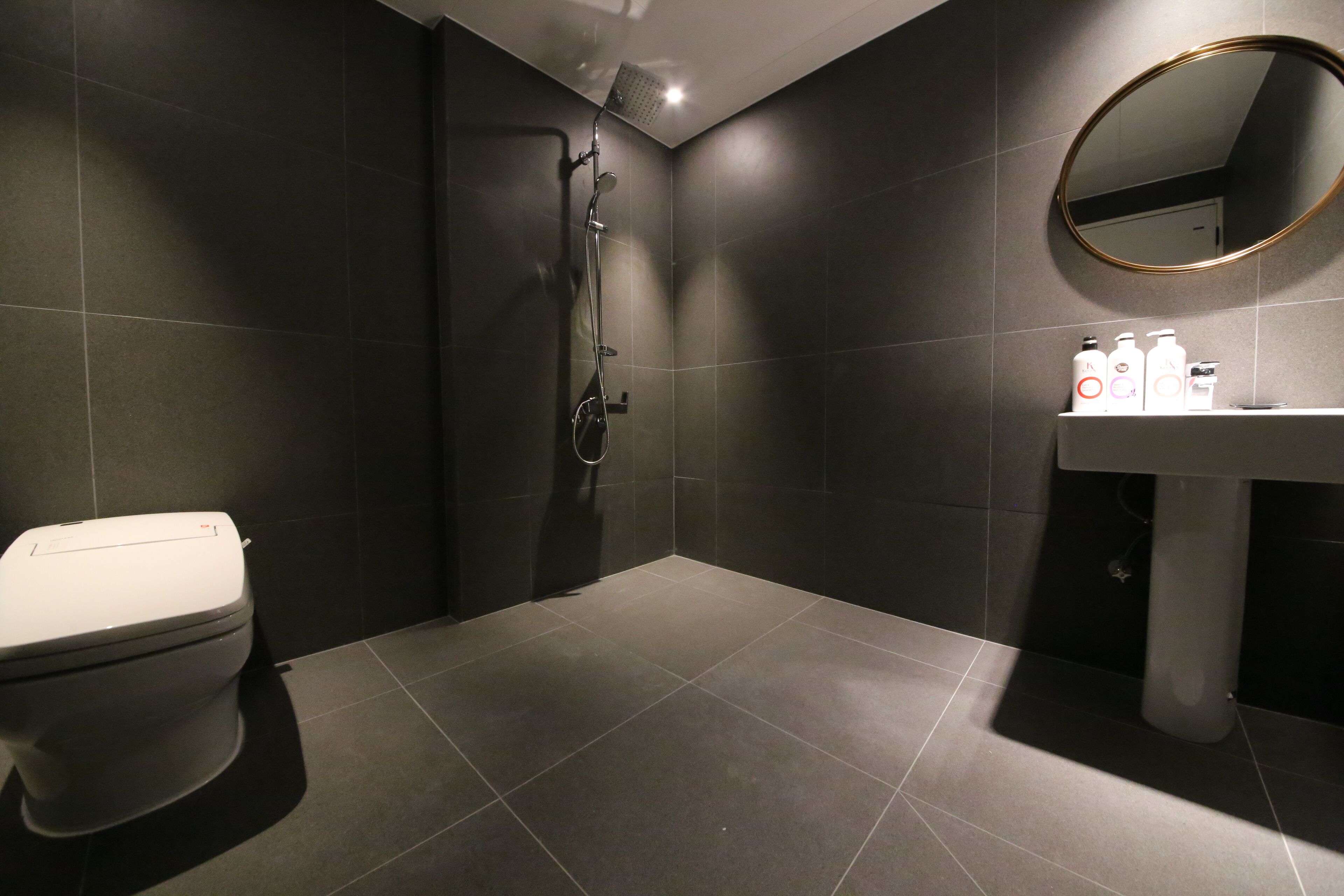 hair dryer, slippers, towels, soap