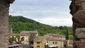 A historic town with buildings along a waterway, viewed through a stone archway.