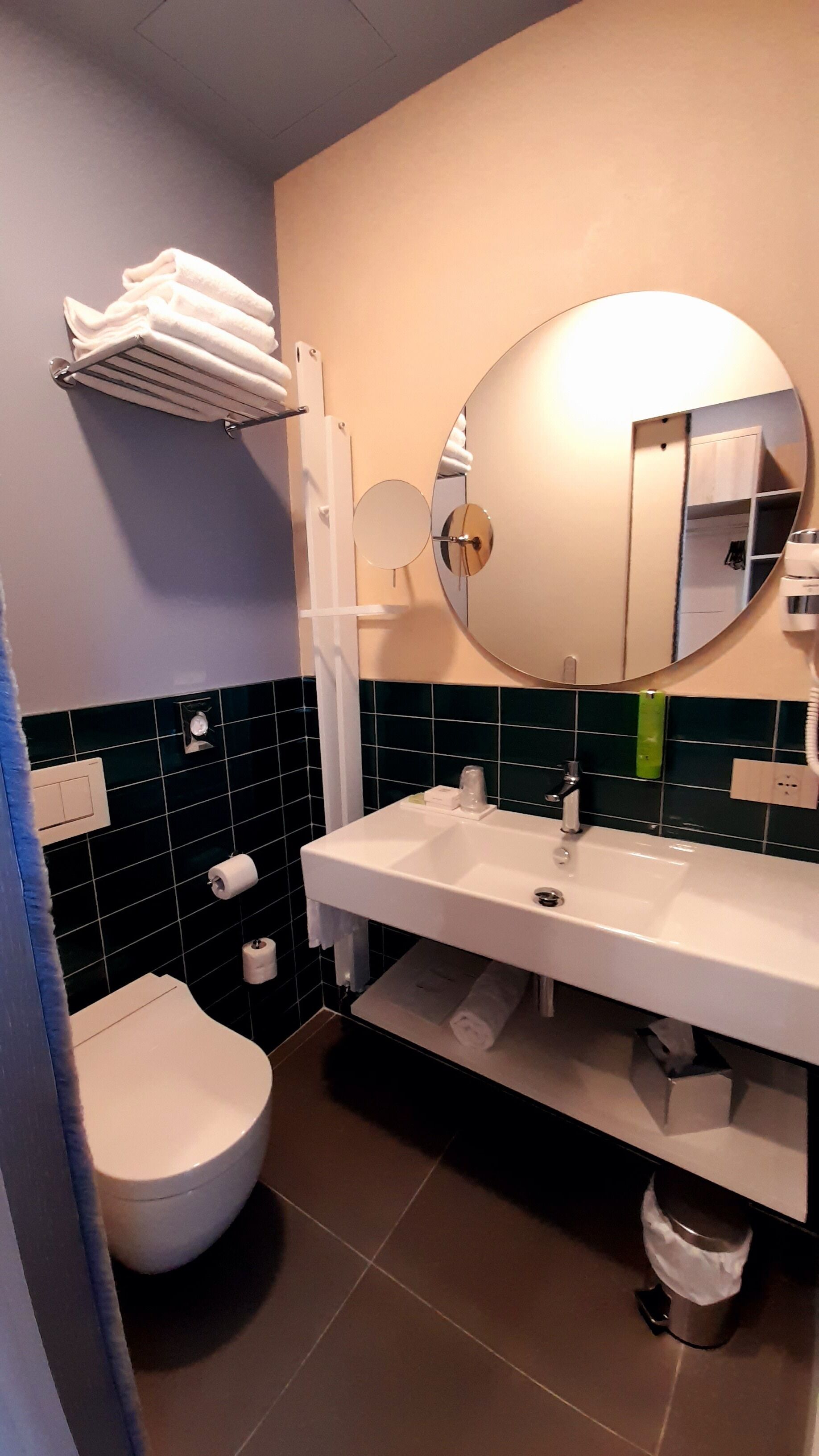 Ein modernes Badezimmer mit Toilette, Waschbecken mit Spiegel und Handtuchhalter.