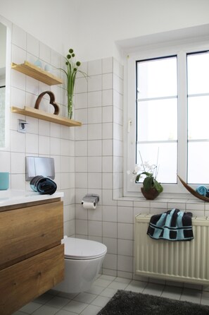 Dusche, Haartrockner, Handtücher, Seife