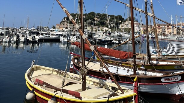 Ein Yachthafen mit mehreren angedockten Booten, darunter ein gelb-rotes Boot namens 'EMMANUELLE'.