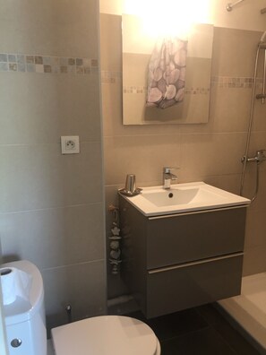 Regadera, secadora de cabello, papel de baño 