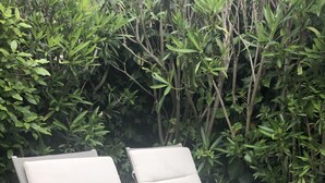 Zwei weiße Lounge-Stühle mit Kissen, auf einer Rasenfläche, neben einem kleinen Tisch und einem Blumentopf.