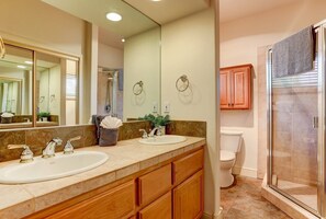 Hair dryer, towels, shampoo