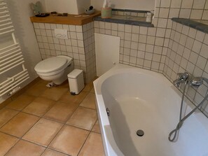 Duschwanne, Haartrockner, Handtücher, Seife