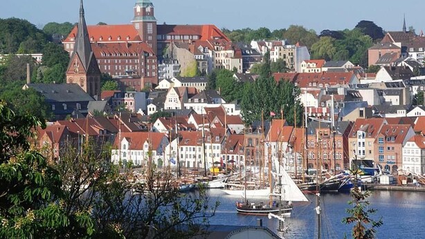 A coastal town with historic buildings, a prominent church, and a marina with boats.