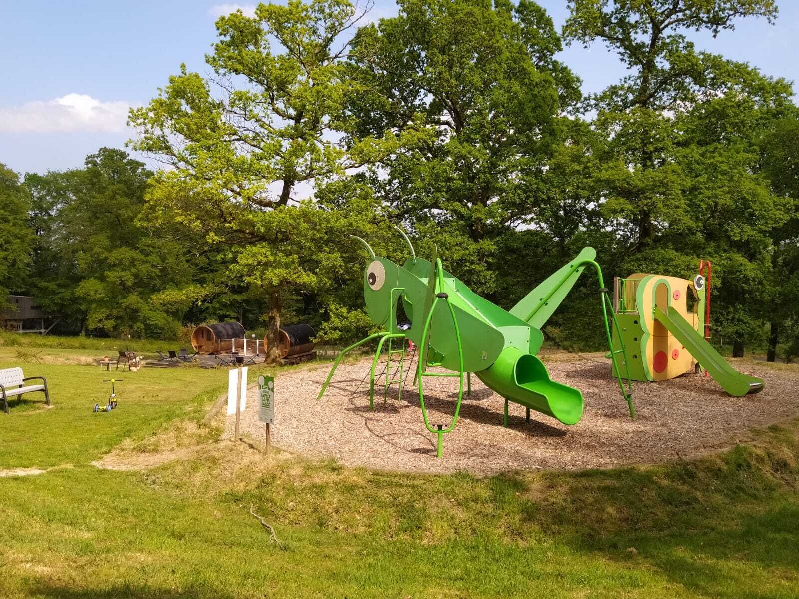 A playground with a large green insect play structure, a slide, and a climbing area.