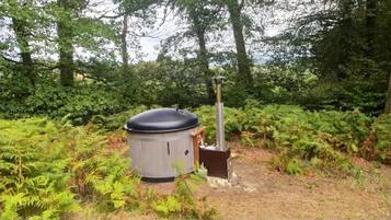 A cylindrical structure with a black top, possibly a sauna or hot tub, surrounded by dense ferns and trees in a natural setting.