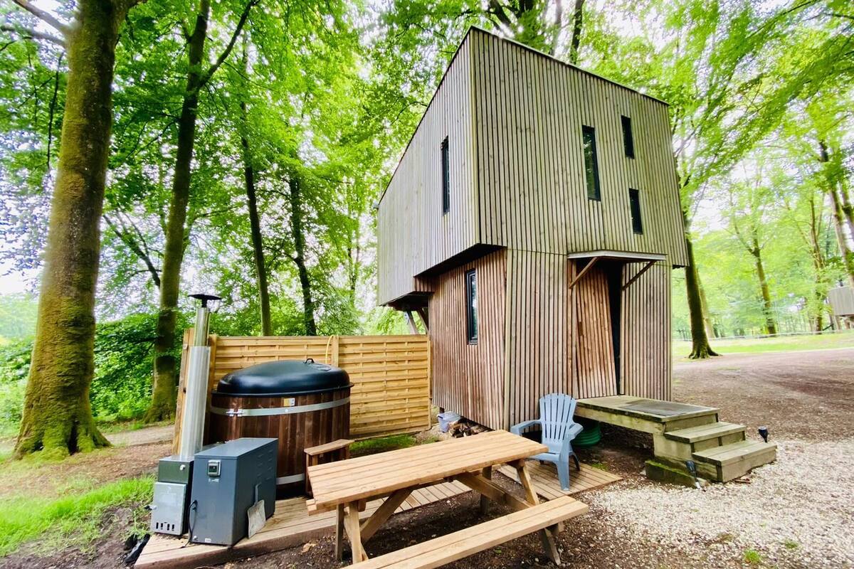 A rustic cabin with a wooden exterior, a picnic table, a barbecue grill, and a portable heater.