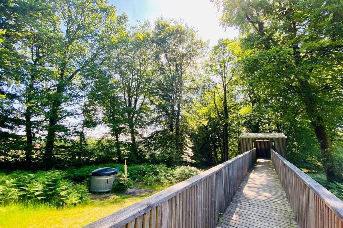 A wooden bridge in a forested area with a small structure at the end.