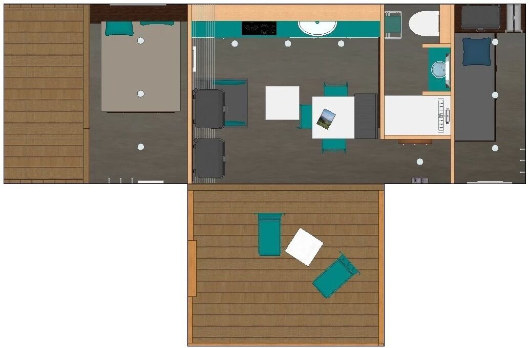 Grundriss eines Hotelzimmers mit Bett, Schreibtisch, Stuhl, einem kleinen Tisch und einem Badezimmer.