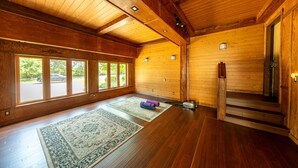 Una habitación amplia con paredes y suelos de madera, ventanas grandes y una chimenea.